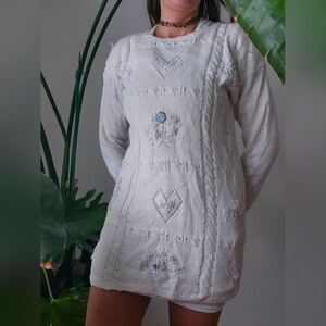 Vintage Cottagecore Sweater Dress Mini Hearts Flowers Embroidered 80s 90s Spring